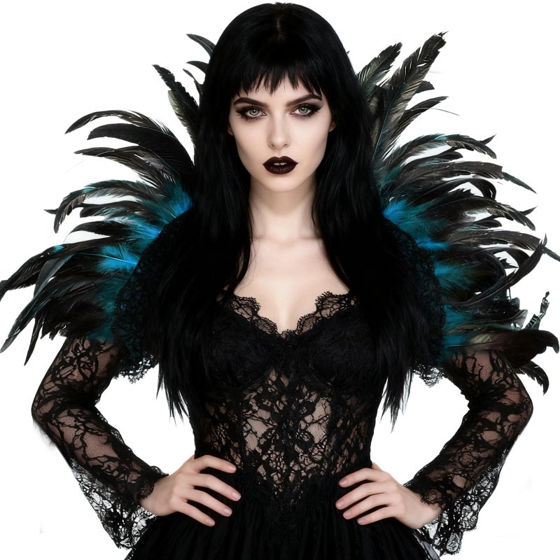 L'VOW Black Crow Feather Cape Shawl Stand Up Collar Halloween Devil Wings Witch Costume (Acid blue) - Image 2